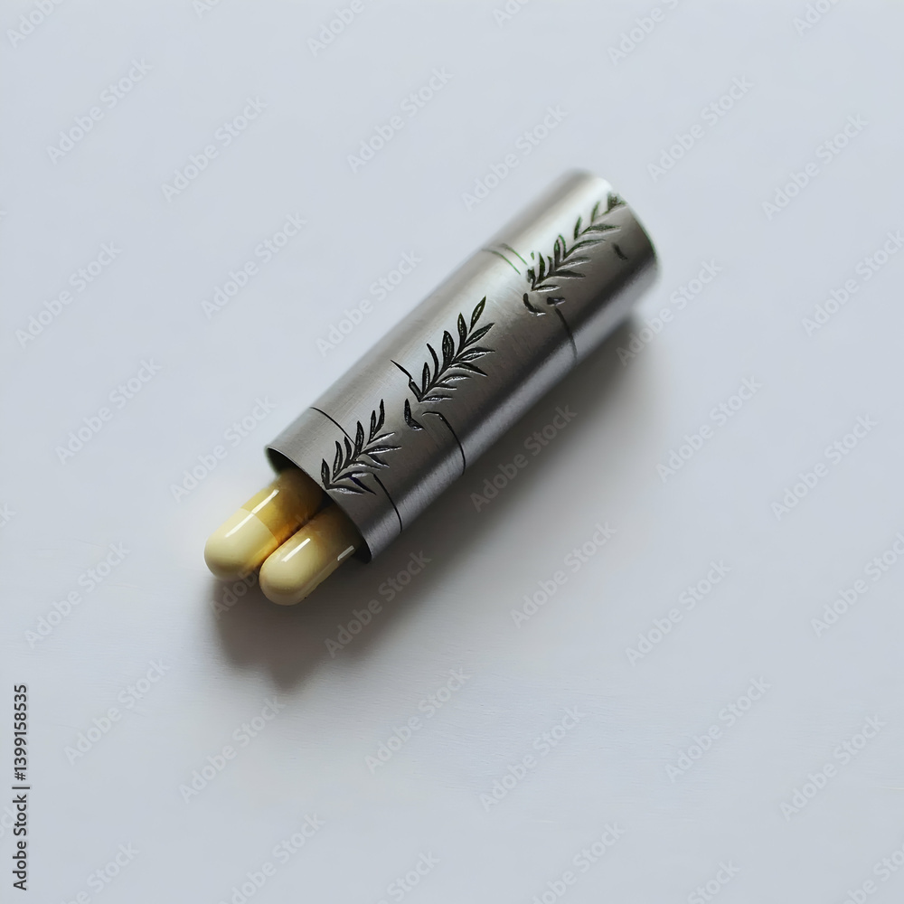 Elegant silver container holding two pale yellow sticks on white background; ideal for minimalist product shots Elegant silver container holding two pale yellow sticks on white background; ideal for minimalist product shots