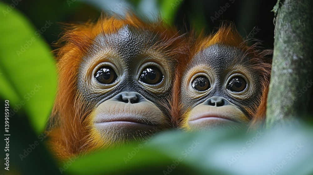 Fototapeta premium Adorable Bornean Orangutans: A Glimpse into the Rainforest
