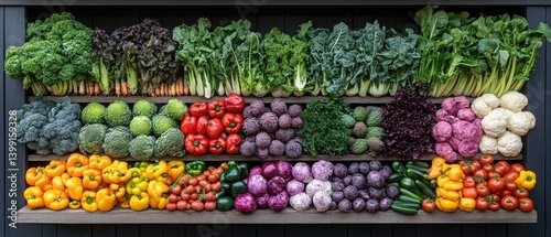 Assortment of colorful produce displayed on wooden shelves against a dark background