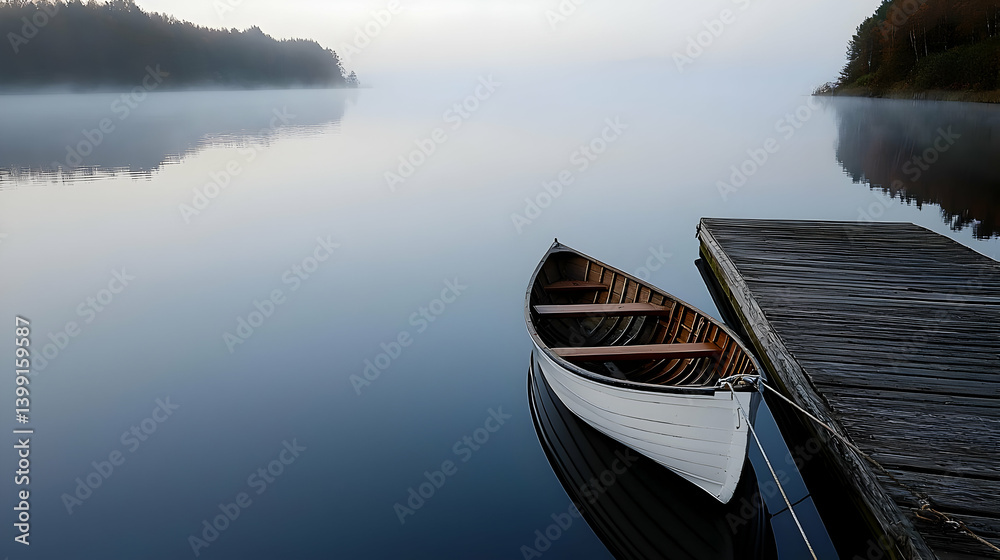 Obraz premium Tranquil Lakeside Scene With Wooden Boat