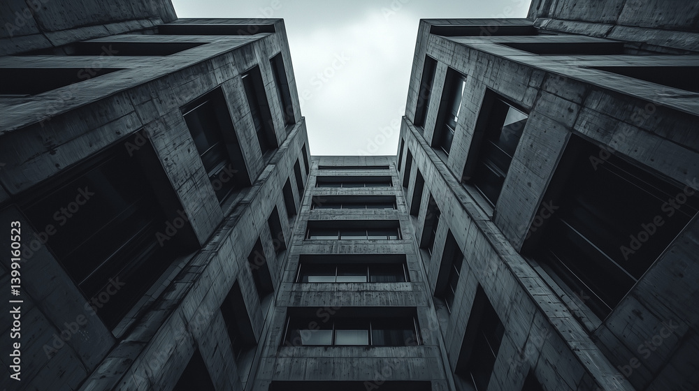 Fototapeta premium Low angle view of dark modern concrete buildings forming a geometric pattern against a cloudy sky.