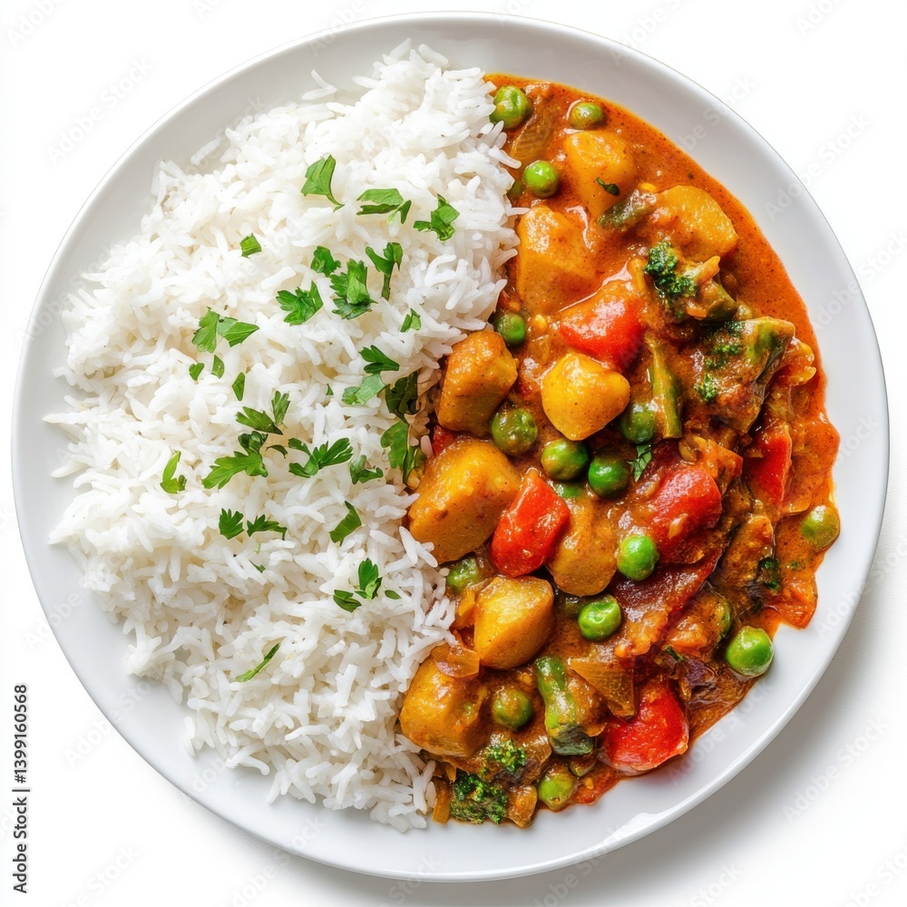 A top view of a plate of vegetable korma with basmati rice, isolated on a white background ,
