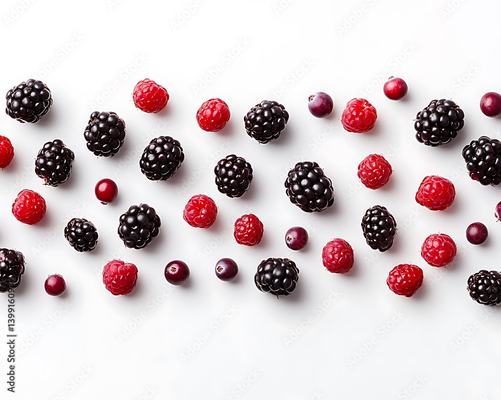 Fresh Berries on White Background with Raspberries, Blackberries and Cranberries Spread Out Fresh Berries on White Background with Raspberries, Blackberries and Cranberries Spread Out