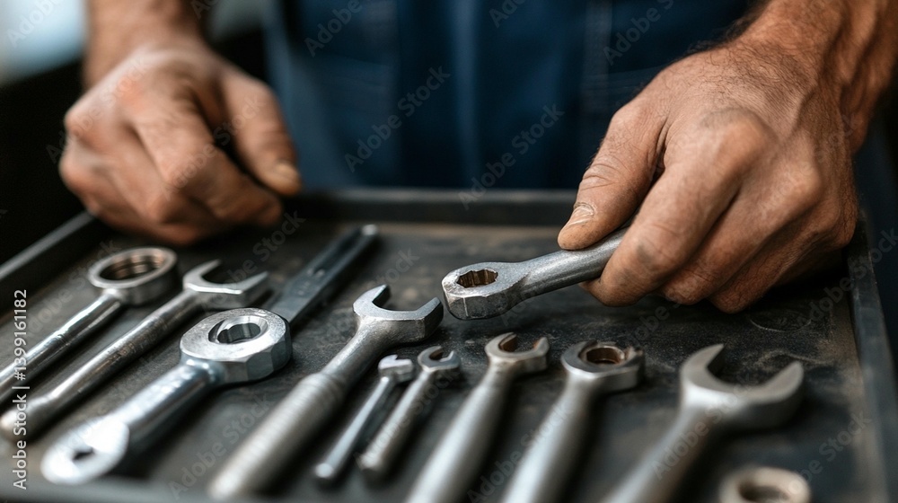 Mechanic holding various tools Mechanic holding various tools