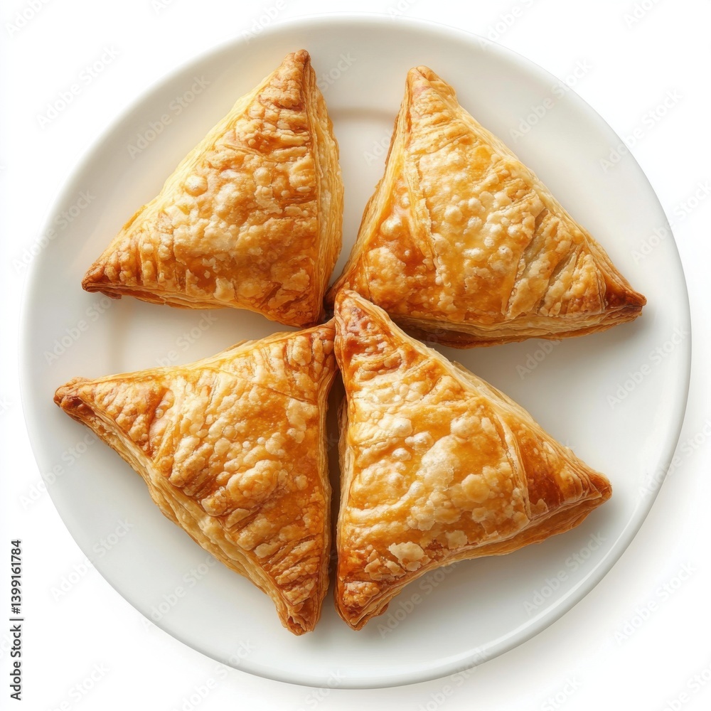 A top view of a plate of warm apple turnovers, isolated on a white background