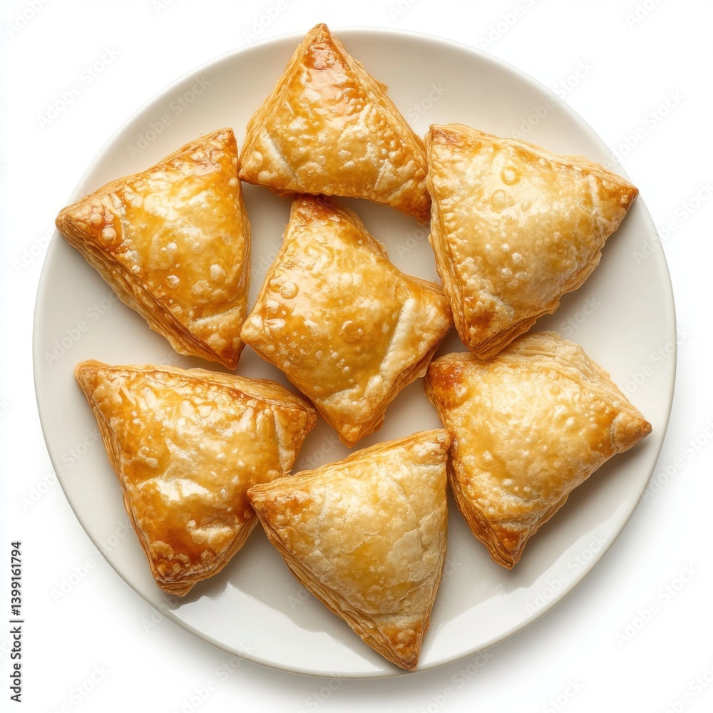 A top view of a plate of warm apple turnovers, isolated on a white background