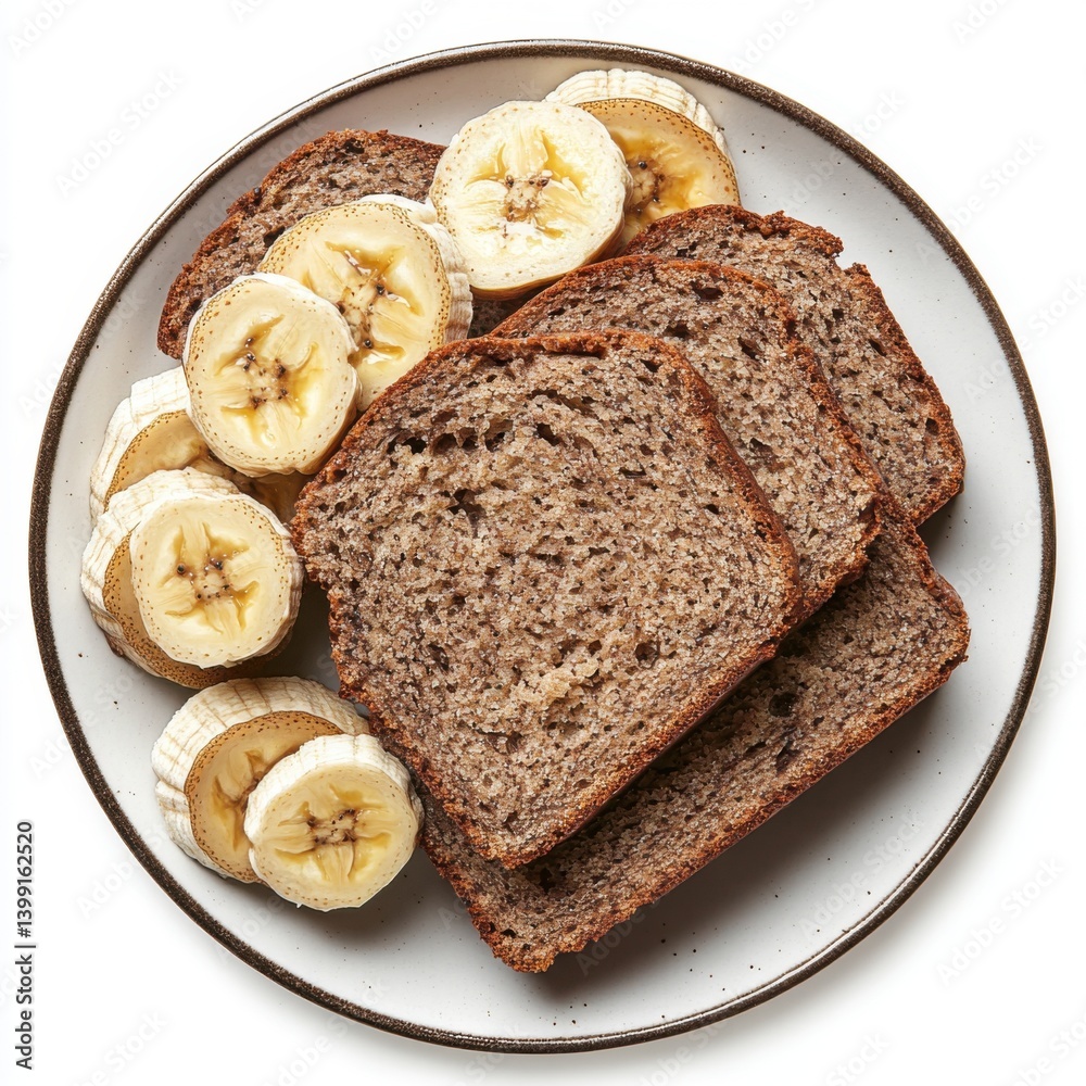 A top view of a plate of warm banana bread slices, isolated on a white background