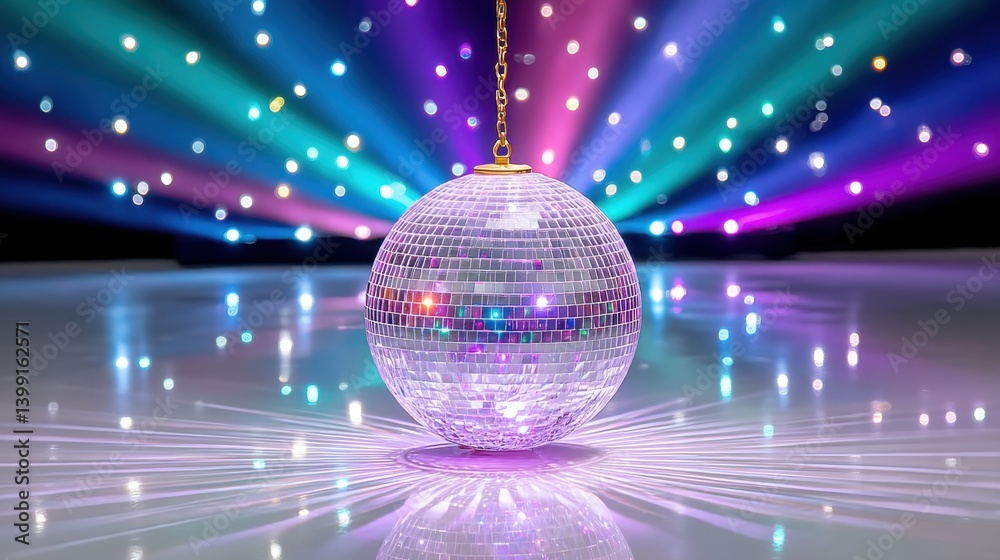 Obraz premium A sparkling disco ball reflects colorful light beams in a vibrant dance atmosphere, creating a lively and festive ambiance.