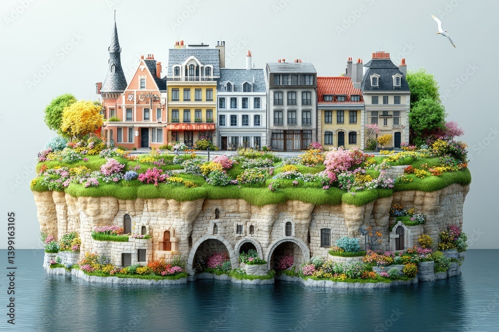 Obraz premium Quaint town atop rock cliff, vibrant flowers, blue water, & a distant bird soaring in the sky