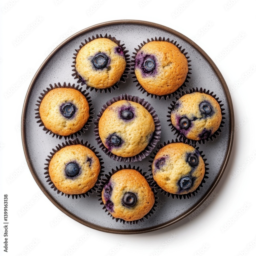 A top view of a plate of warm blueberry muffins, isolated on a white background