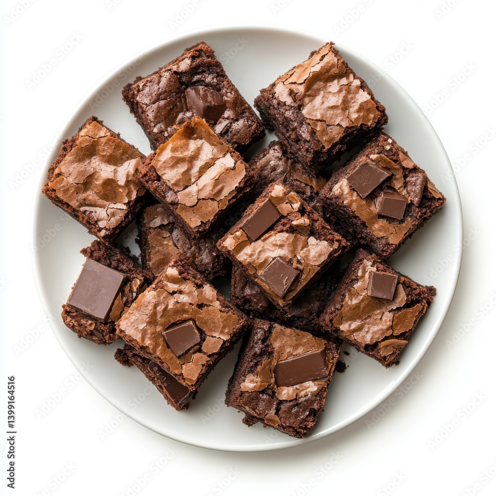 A top view of a plate of warm brownies with chocolate chunks, isolated on a white background ,