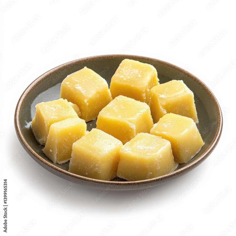Traditional yellow sweet cubes served on a ceramic plate isolated on white background
Traditional yellow sweet cubes served on a ceramic plate isolated on white background