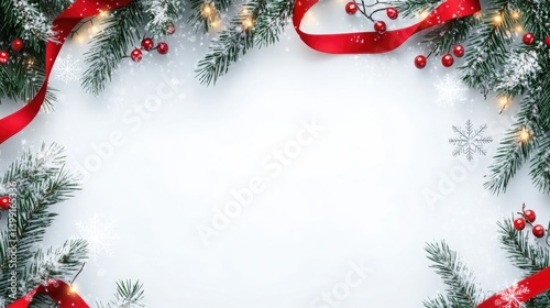 Festive Winter Holiday Frame with Green Pine Branches, Red Berries, and Ribbons Against a Light Background