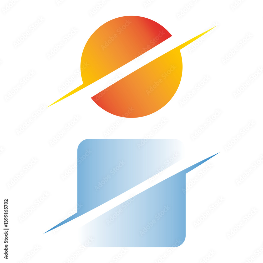 Sun square icon. Orange gradient circle. Blue gradient square. Vector diagonal slash.