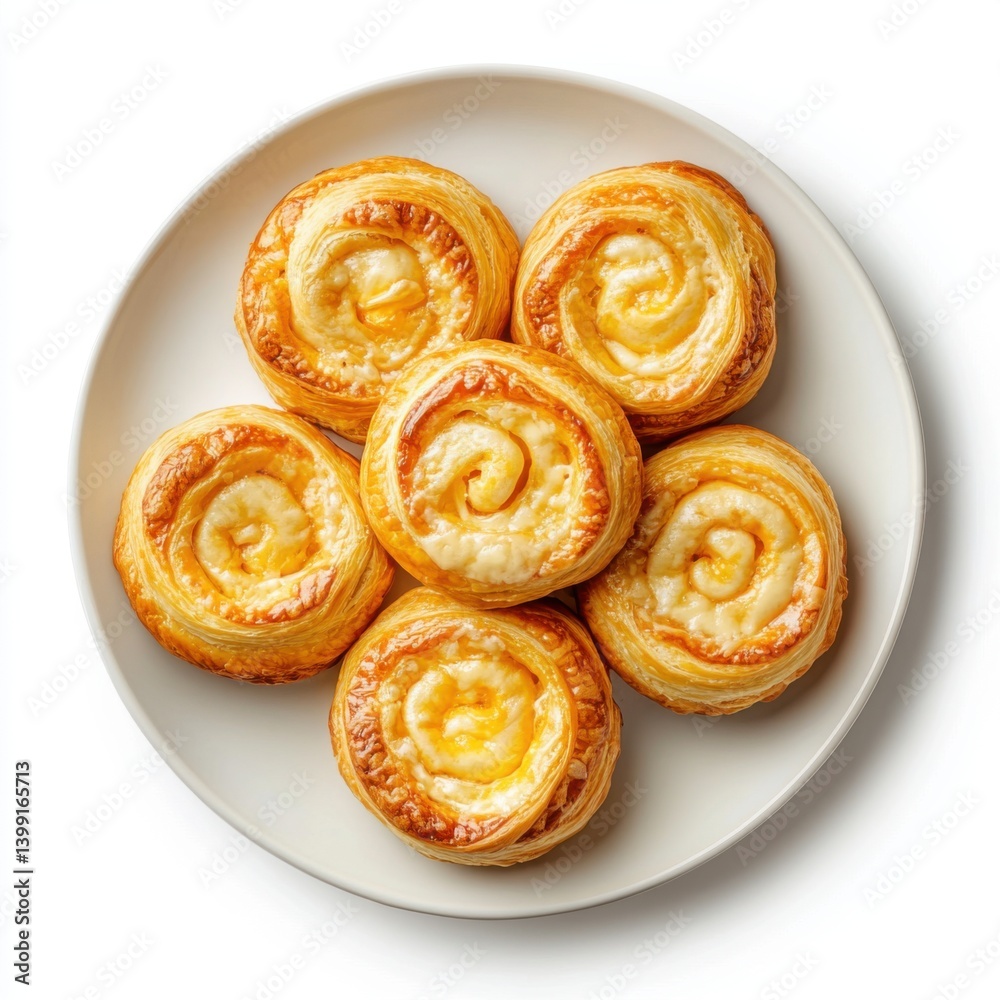 A top view of a plate of warm cheese danishes, isolated on a white background