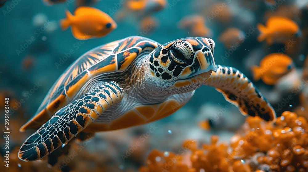 Obraz premium Majestic Sea Turtle Gracefully Swimming Amidst Vibrant Coral Reef and Colorful Fish