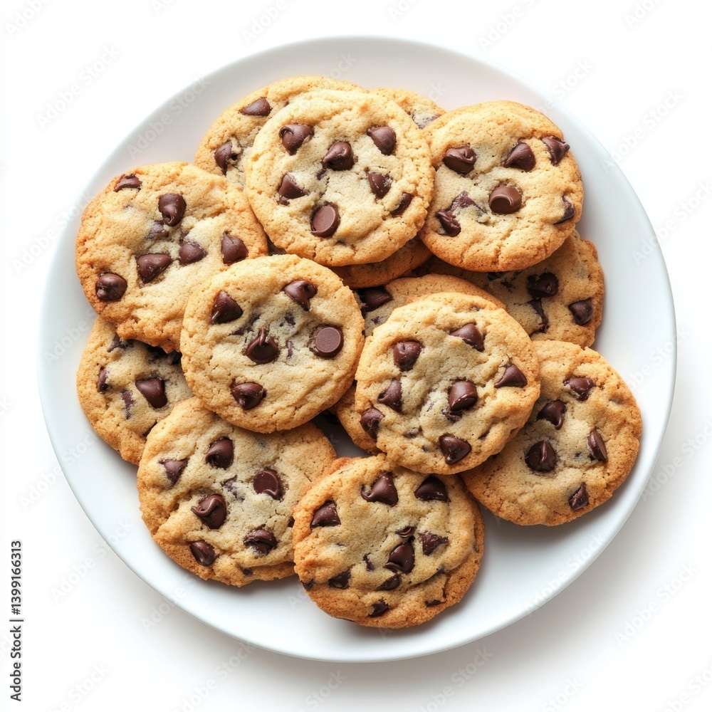 A top view of a plate of warm chocolate chip cookies, isolated on a white background ,
