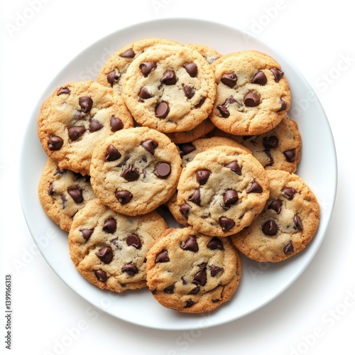 Obraz na płótnie A top view of a plate of warm chocolate chip cookies, isolated on a white background , w salonie