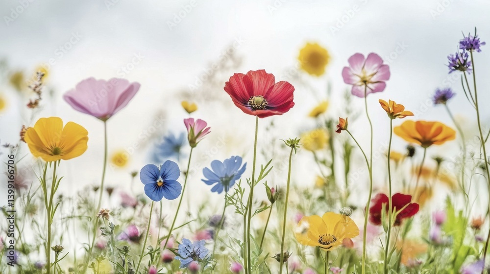Fototapeta premium Colorful Poppy Cosmos Flowers Blooming in a Summer Meadow