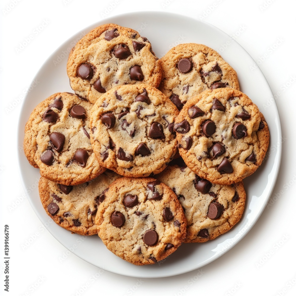 A top view of a plate of warm chocolate chip cookies, isolated on a white background ,