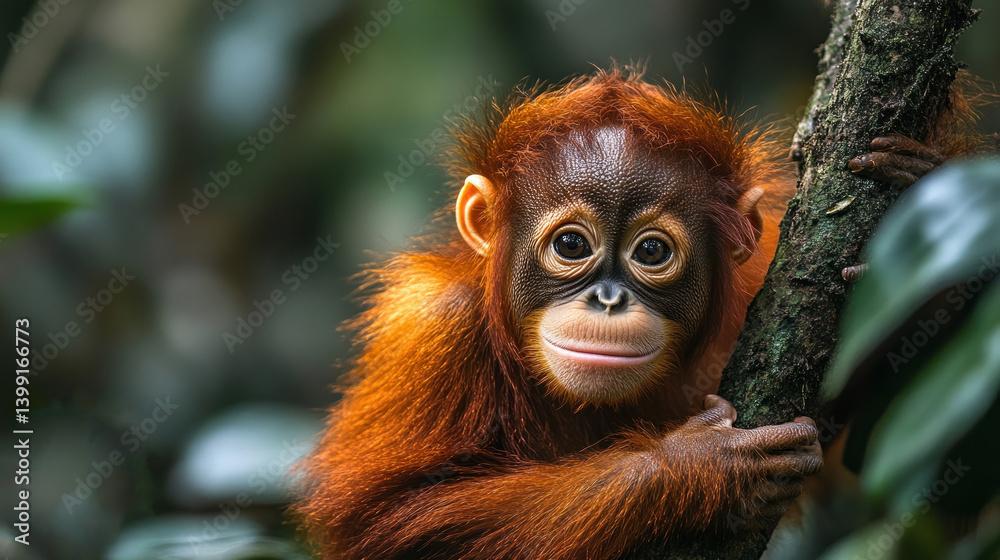 Fototapeta premium Adorable Orangutan Baby in Lush Rainforest