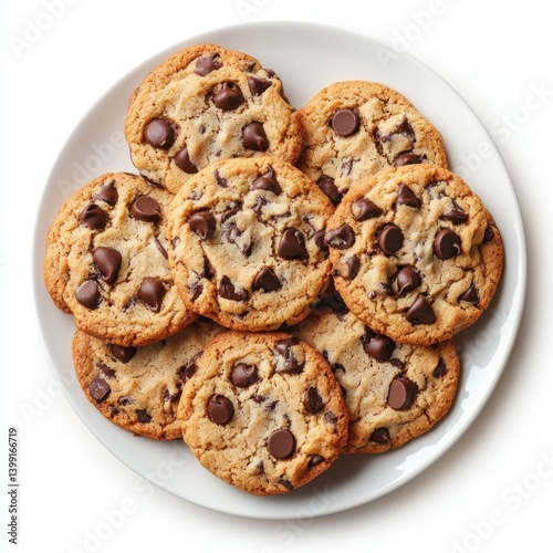 Obraz na płótnie A top view of a plate of warm chocolate chip cookies, isolated on a white background , w salonie