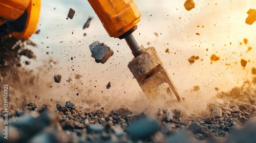 Excavator Attachment Breaking Ground Surface in Construction Site with Dust Cloud and Golden Sunset Background