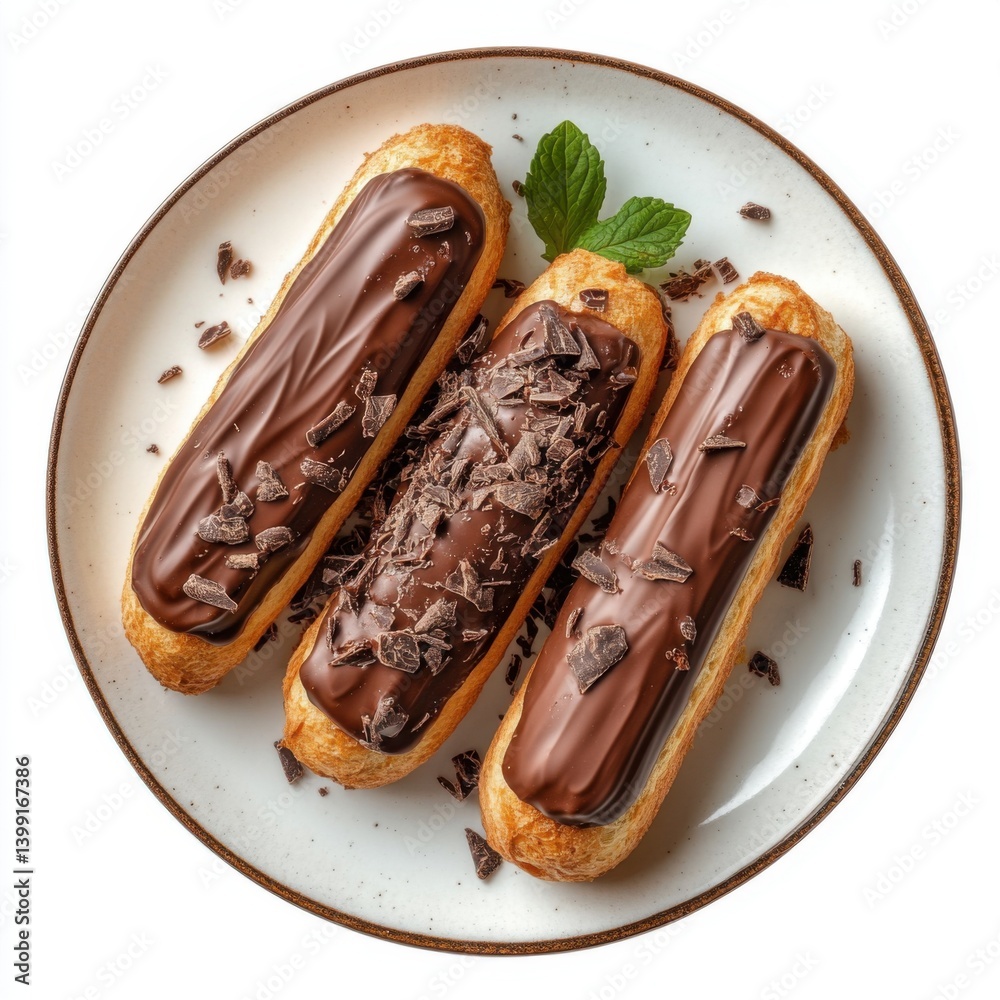 A top view of a plate of warm chocolate eclairs, isolated on a white background ,