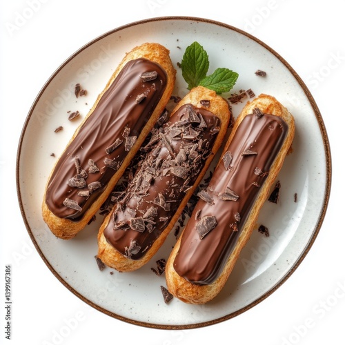 Obraz na płótnie A top view of a plate of warm chocolate eclairs, isolated on a white background , w salonie