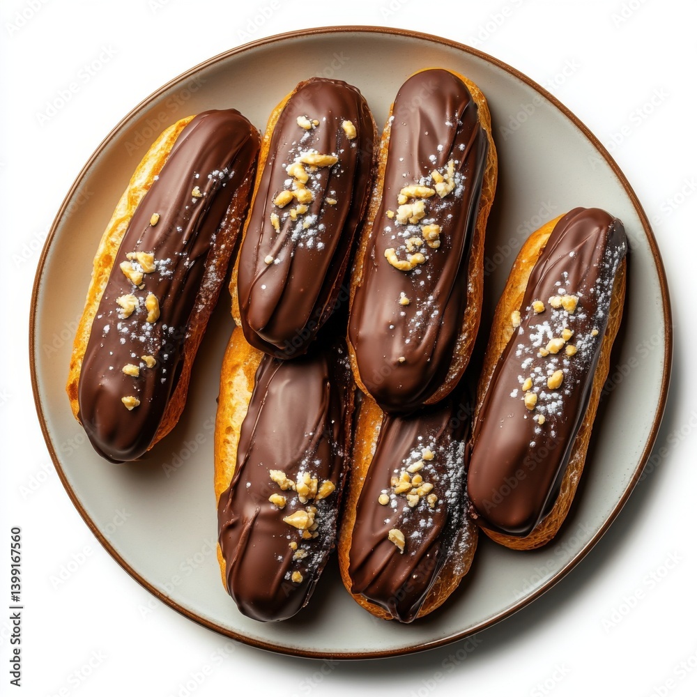 A top view of a plate of warm chocolate eclairs, isolated on a white background ,