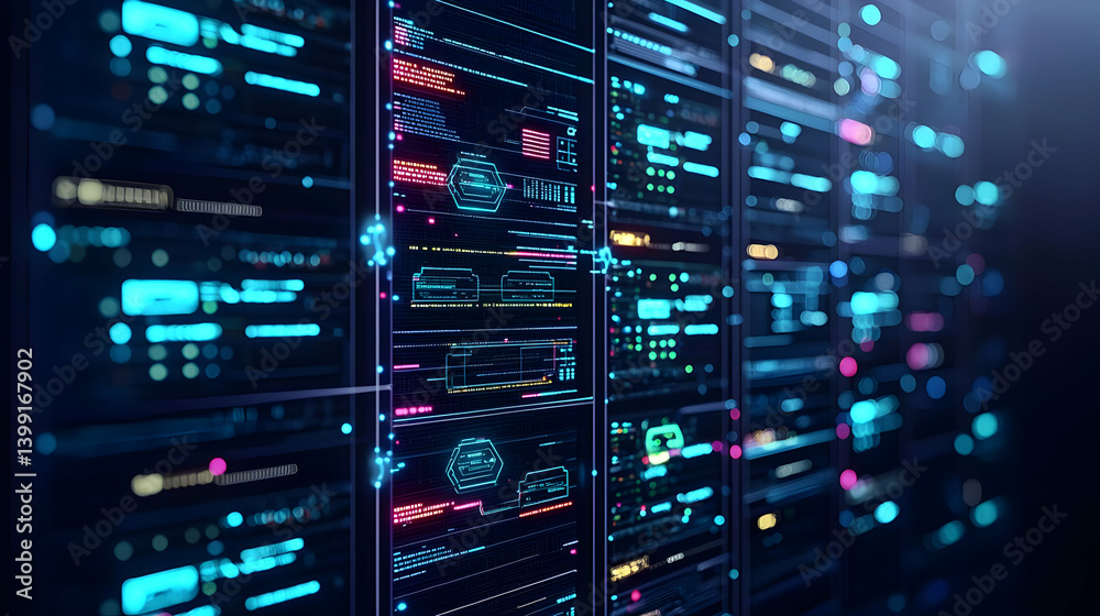 Futuristic Server Room With Glowing Code