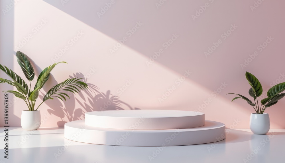 Fototapeta premium Modern display platform with decorative plants minimalist studio photography bright interior daytime aesthetic design