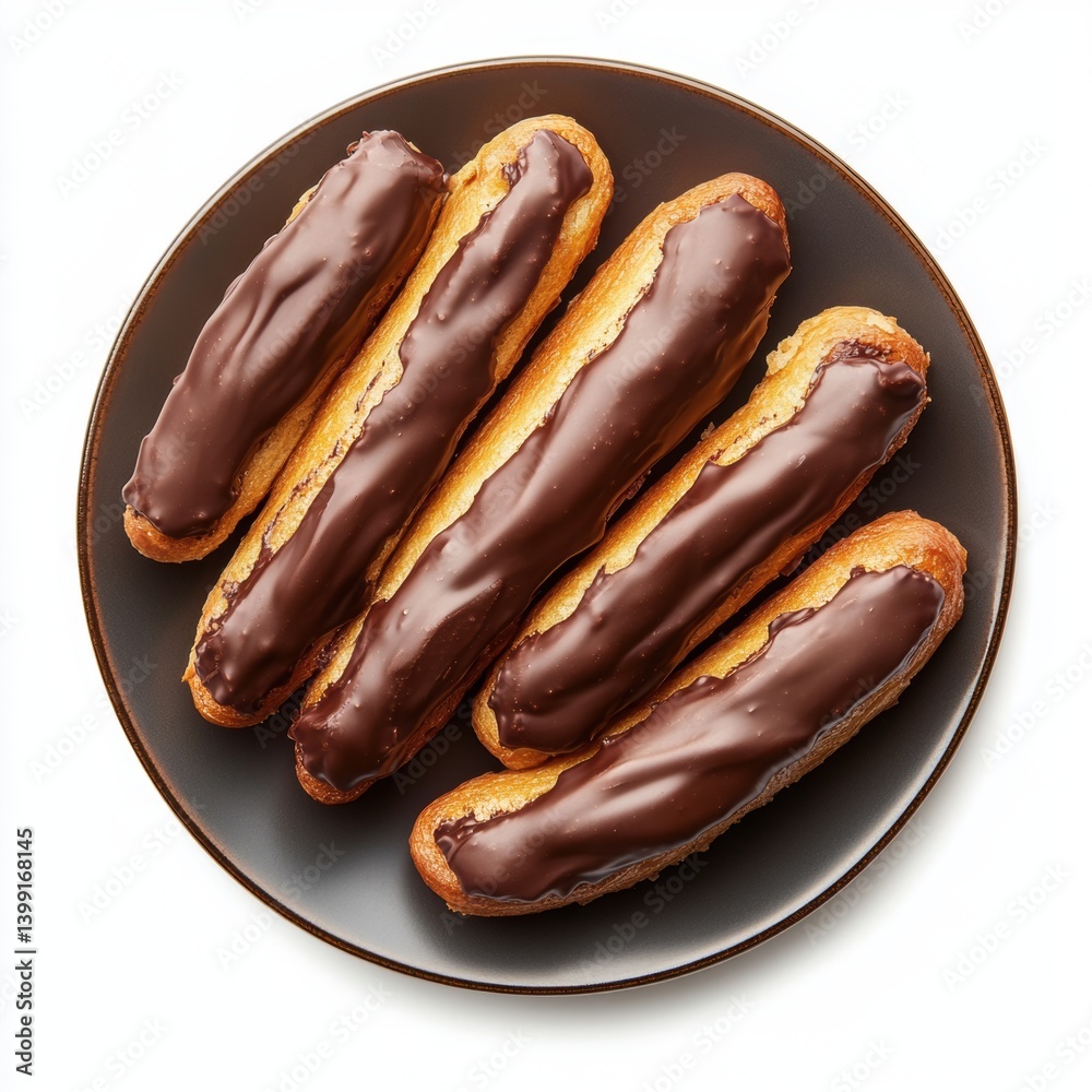 A top view of a plate of warm chocolate eclairs, isolated on a white background ,
