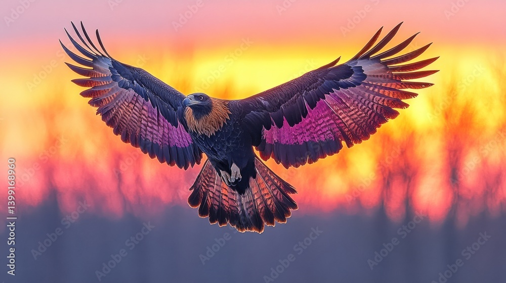 Obraz premium Majestic Wedge-tailed Eagle in Flight at Sunset