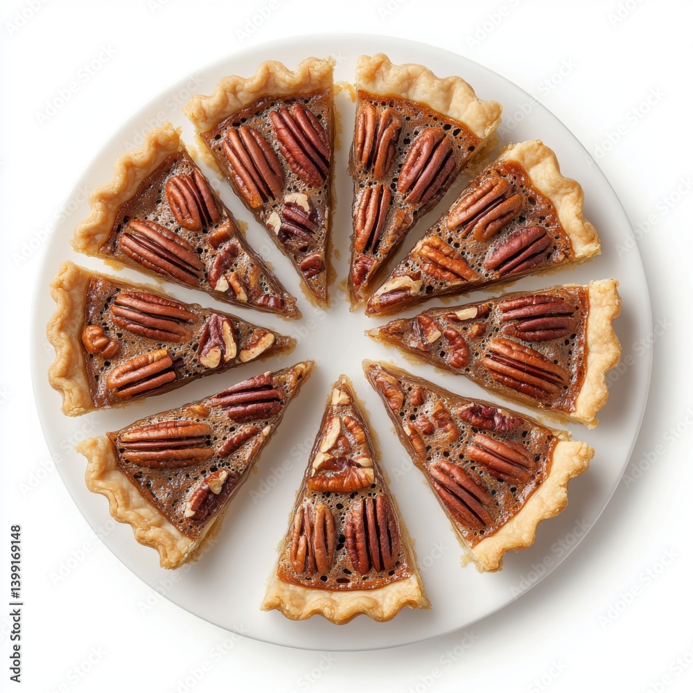A top view of a plate of warm pecan pie slices, isolated on a white background