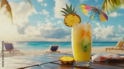 Exotic pineapple cocktail on a sunny tropical beach getaway, summer vacation