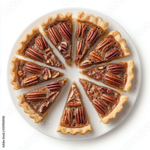 Obraz na płótnie A top view of a plate of warm pecan pie slices, isolated on a white background w salonie