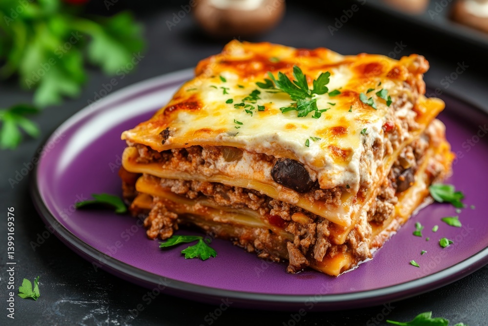 Savory lasagna slice, layered with meat, cheese, and sauce Savory lasagna slice, layered with meat, cheese, and sauce