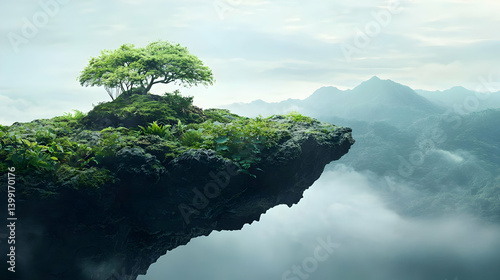 Floating Island With Tree Amidst Misty Mountains