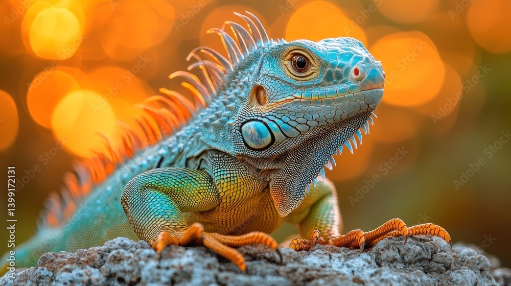 Obraz premium Vibrant Green Iguana Basking in Golden Hour