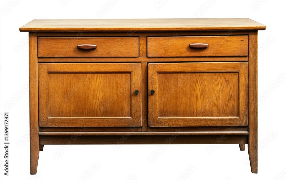Wooden cabinet with two drawers and two doors.  Features a simple, mid-century design