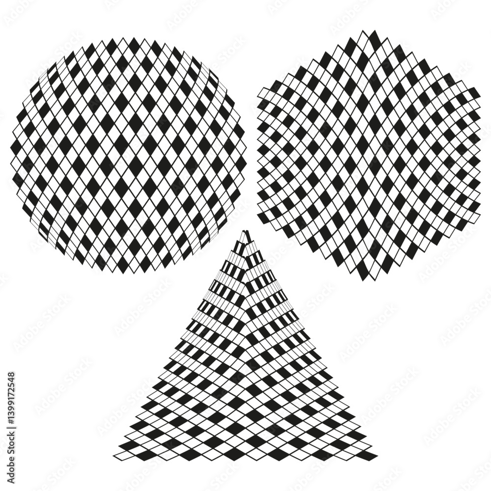 Diamond warped shapes. Optical illusion vector. Twisted mesh geometry. Abstract black design.