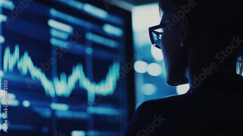Focused analyst scrutinizing financial data on screen in a dark office environment