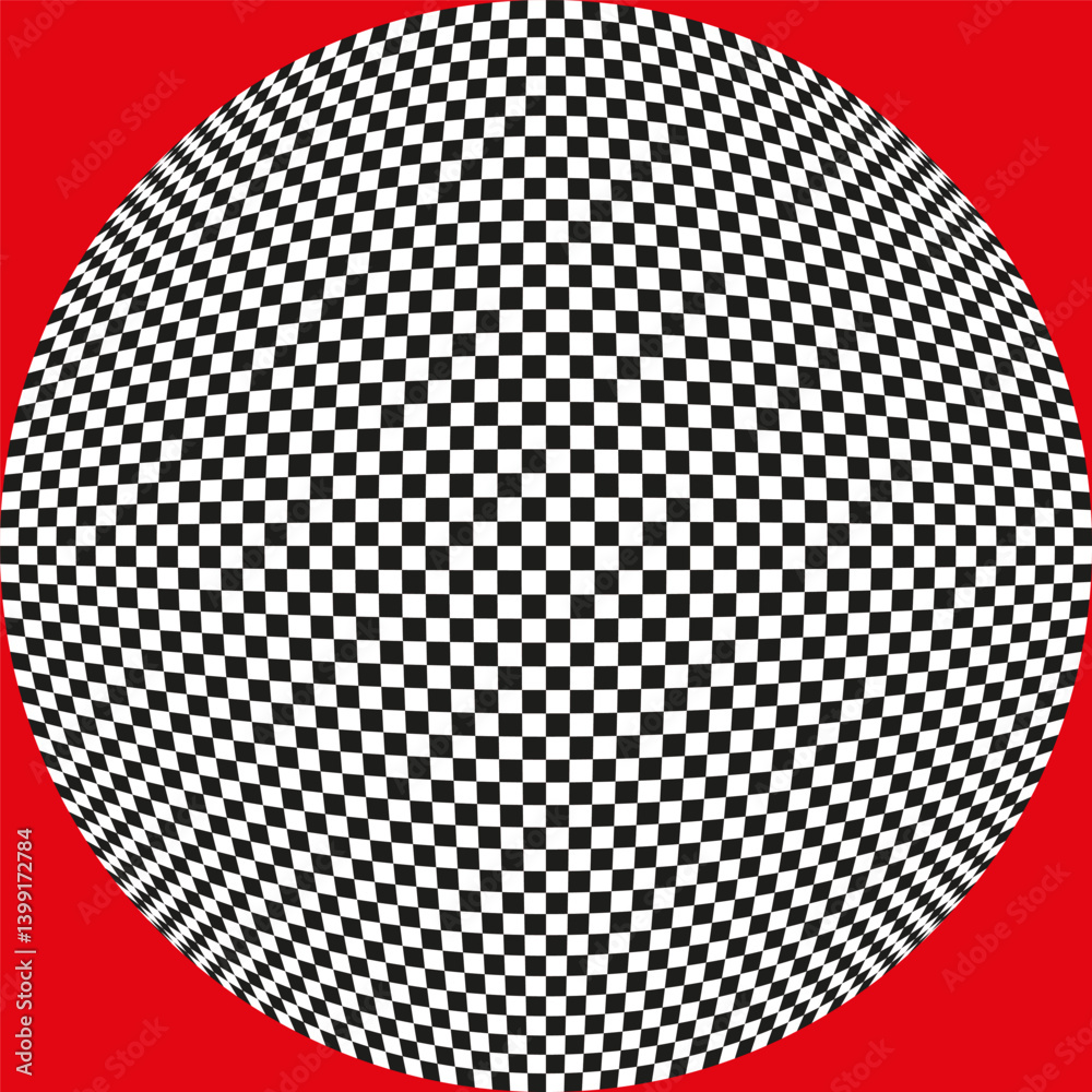 Curved checker sphere. Optical illusion background. Black red contrast. Vector warped pattern.