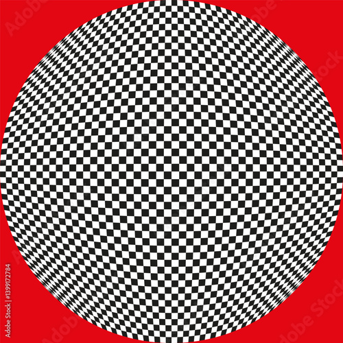 Obraz na płótnie Curved checker sphere. Optical illusion background. Black red contrast. Vector warped pattern. w salonie