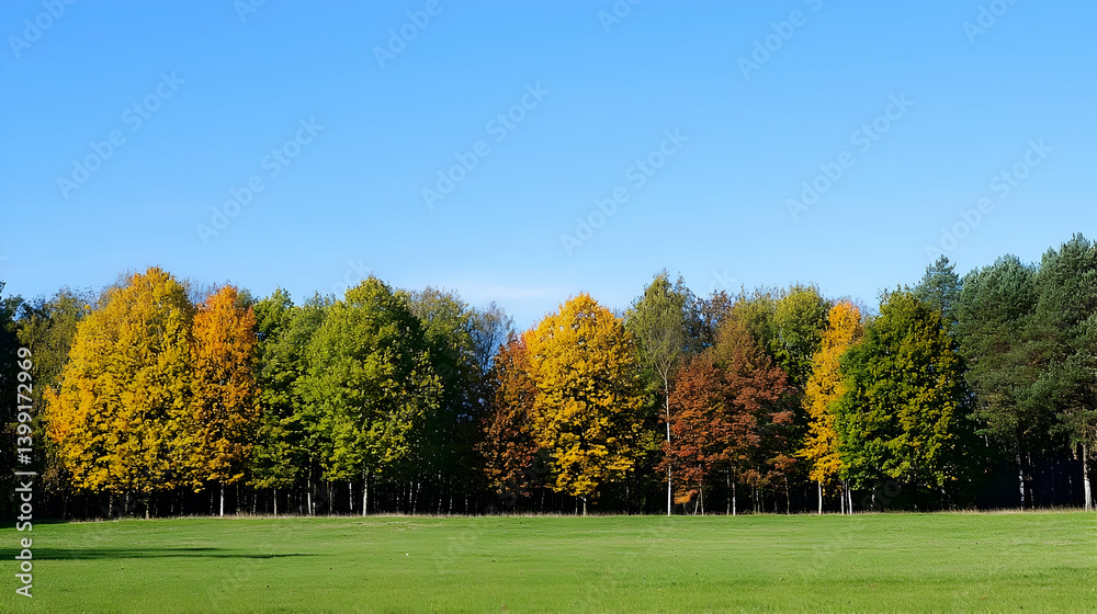 Fototapeta premium Autumn Trees Line Under Blue Sky