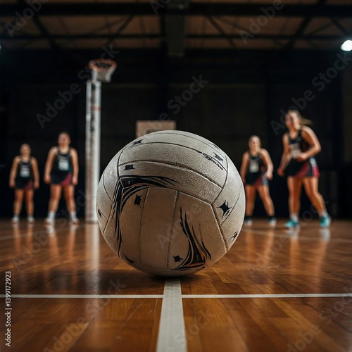 A netball rests on a court with silhouetted netball players in the background against a colorful sunset sky.