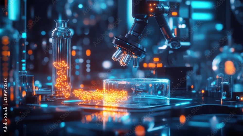 a hyper-detailed 3D rendering of a futuristic nanomedicine lab, with glowing nanoparticles,