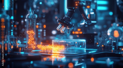 Obraz na płótnie a hyper-detailed 3D rendering of a futuristic nanomedicine lab, with glowing nanoparticles, w salonie