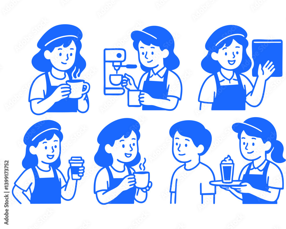 woman barista doodle cartoon drawing vector illustration set woman barista doodle cartoon drawing vector illustration set